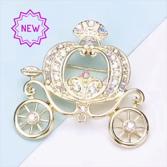 Pumpkin Carriage Brooch Pin Back Faux Jewels Gold Color Background - Elegant - Picture 1 of 5